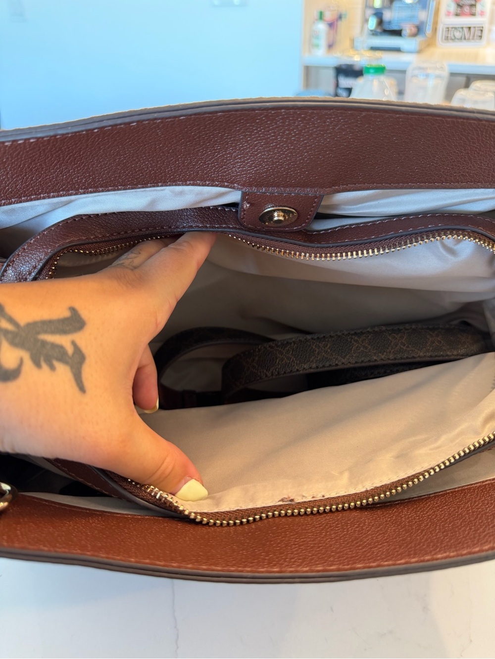 Nine West Deep Brown Structured Satchel with Gold Accents - Picture 7 of 9